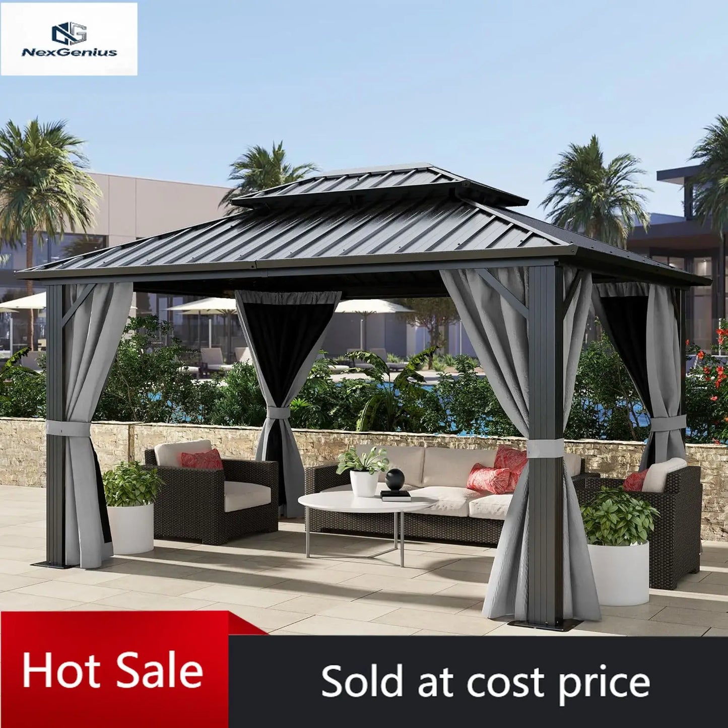 10x12ft Hardtop Gazebo Double Roof with Nettings and Curtains, Heavy Duty Galvanized Steel Outdoor Vertical Stripes Roof for Pat