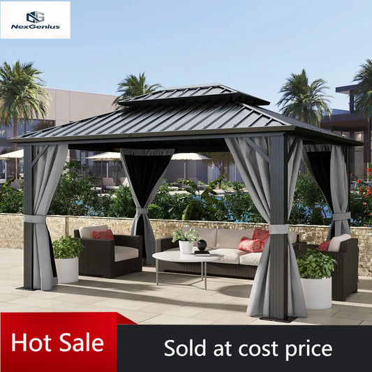 10x12ft Hardtop Gazebo Double Roof with Nettings and Curtains, Heavy Duty Galvanized Steel Outdoor Vertical Stripes Roof for Pat