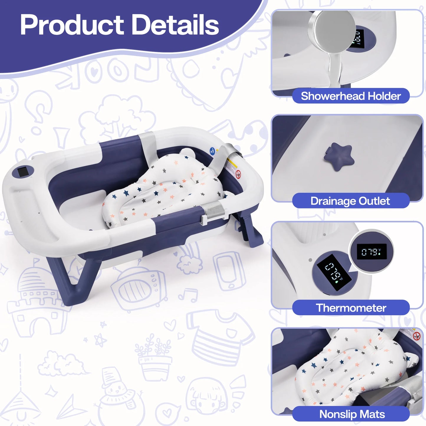 Baby Bathtub With Soft Cushion And Thermometer For Newborns Portable Travel