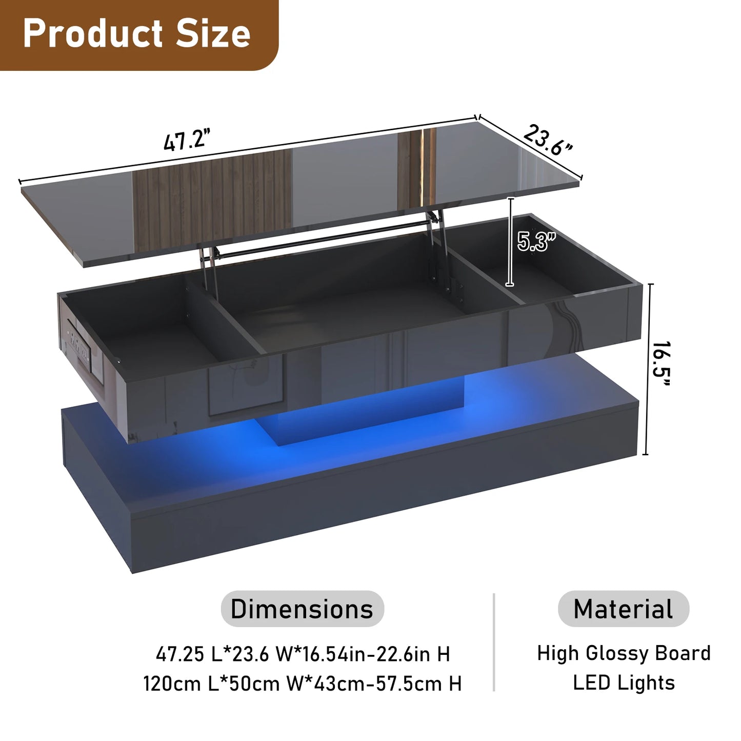 QiaoShiRen High Glossy LED Coffee Tables With Open Display Shelf