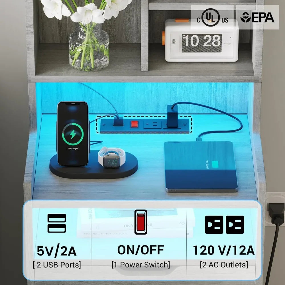 Nightstand Set With Charging Station Bookshelf and Led Lights