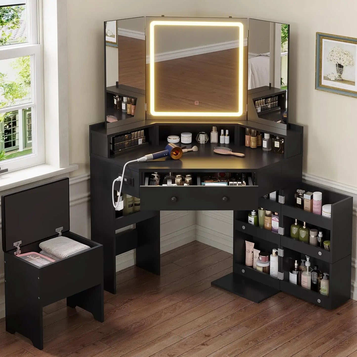 Corner Vanity Desk With TriFold Mirror LED Lights And Storage