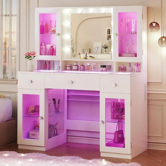 Vanity Desk With Mirror And RGB Lights Glass Top Cabinets And Drawers