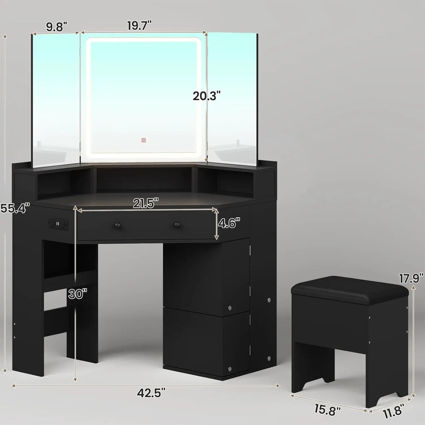 Corner Vanity Desk With TriFold Mirror LED Lights And Storage