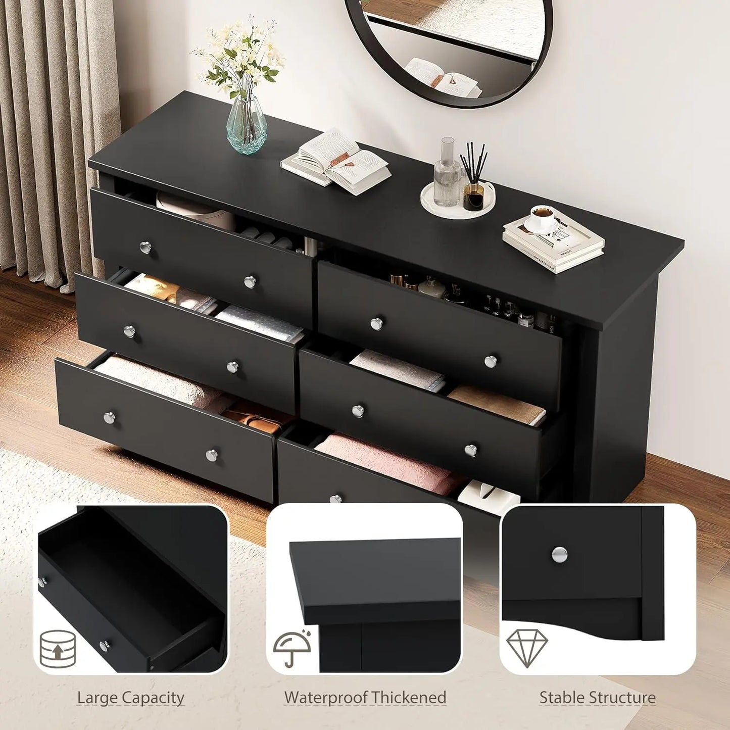 Black Dresser for Bedroom,6 Drawer Dressers, Storage Chest of Drawers for Hallway,Living Room, Entryway, Customized