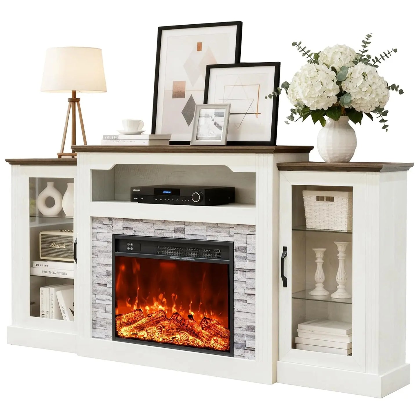Electric Fireplace With Mantel TV Stand Farmhouse Style Entertainment Console