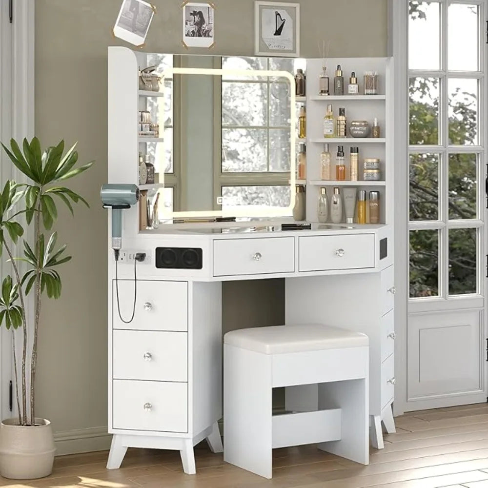 Corner Vanity Desk Bluetooth Speaker 8 Drawers And 6 Shelves