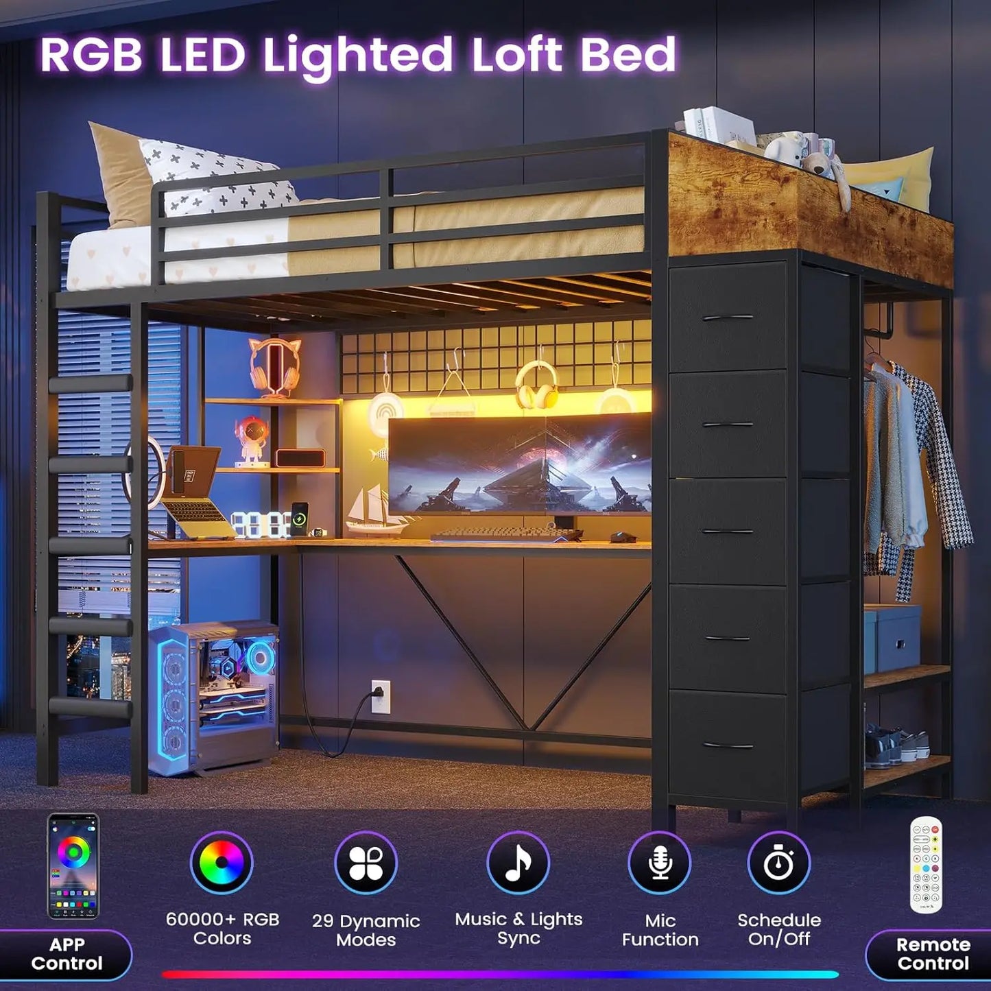 Loft Bed With Hall Tree And Desk LED Lighting System
