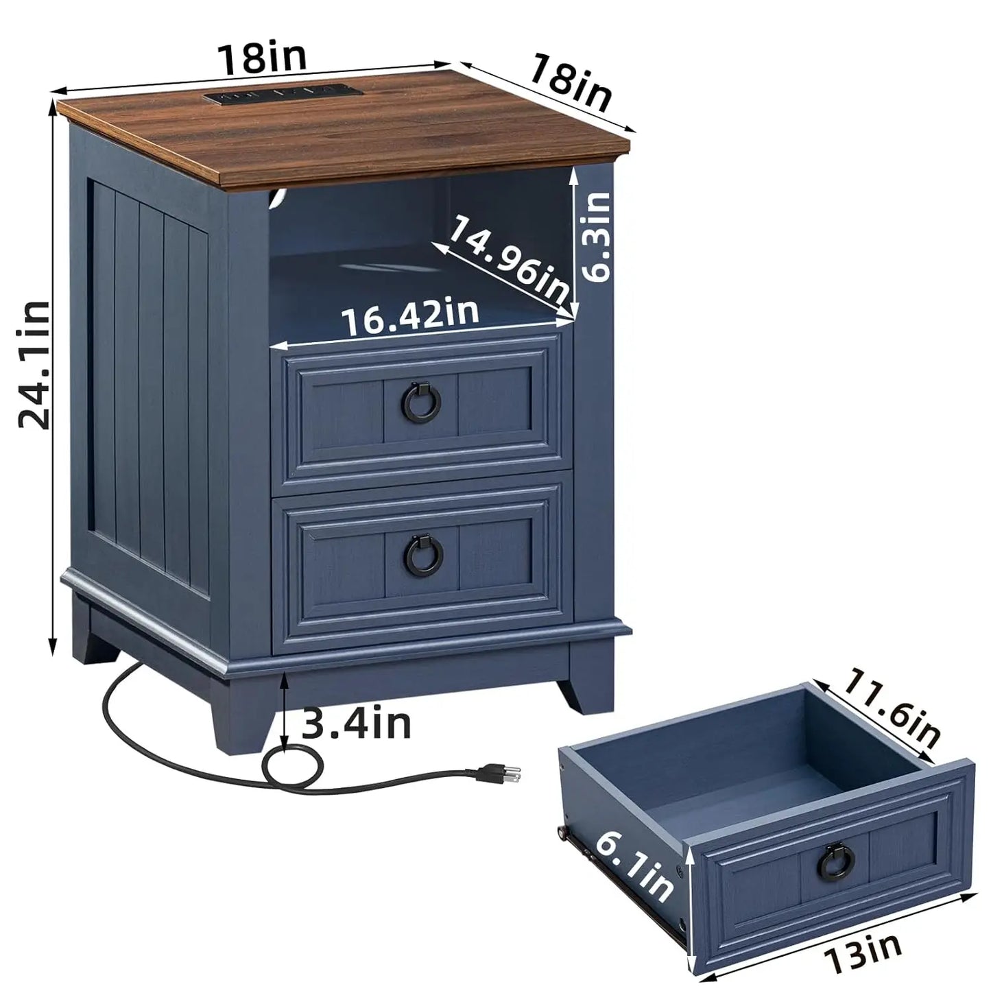 Farmhouse Night Stands Set of 2 With Charging Station and 2 Drawers
