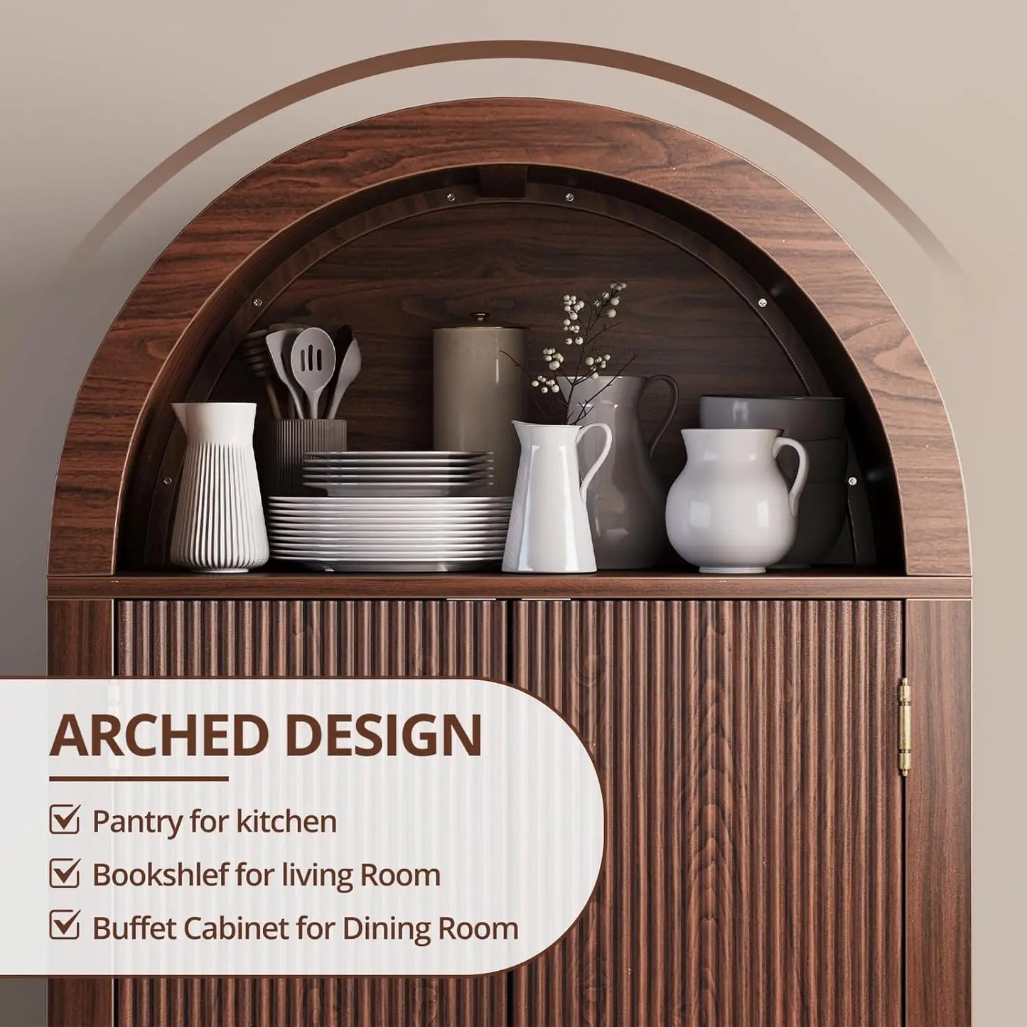 Arched Tall Kitchen Pantry Cabinet With Two Drawers And Shelves