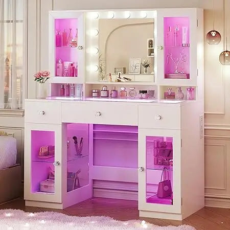 Vanity Desk With Mirror And RGB Lights Glass Top Cabinets And Drawers