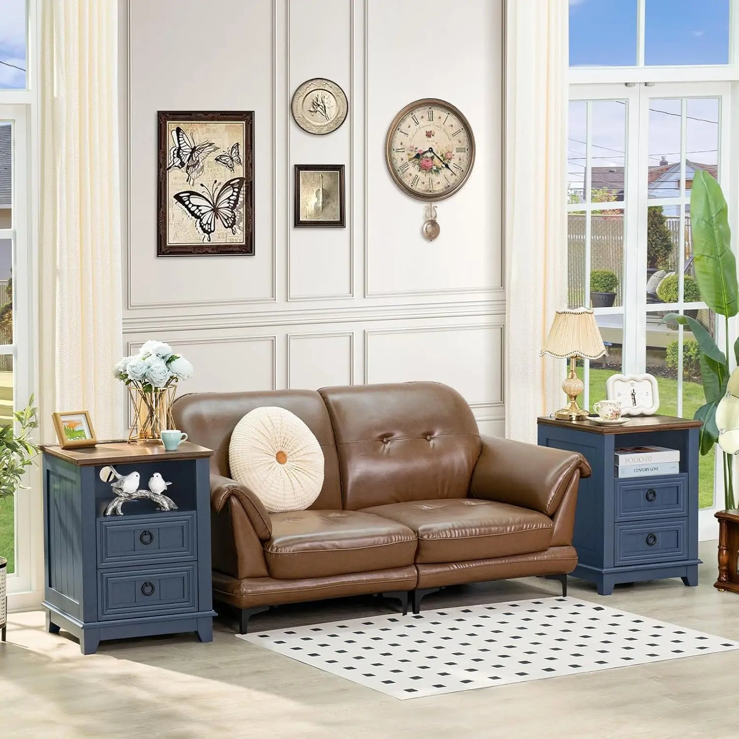 Farmhouse Night Stands Set of 2 With Charging Station and 2 Drawers