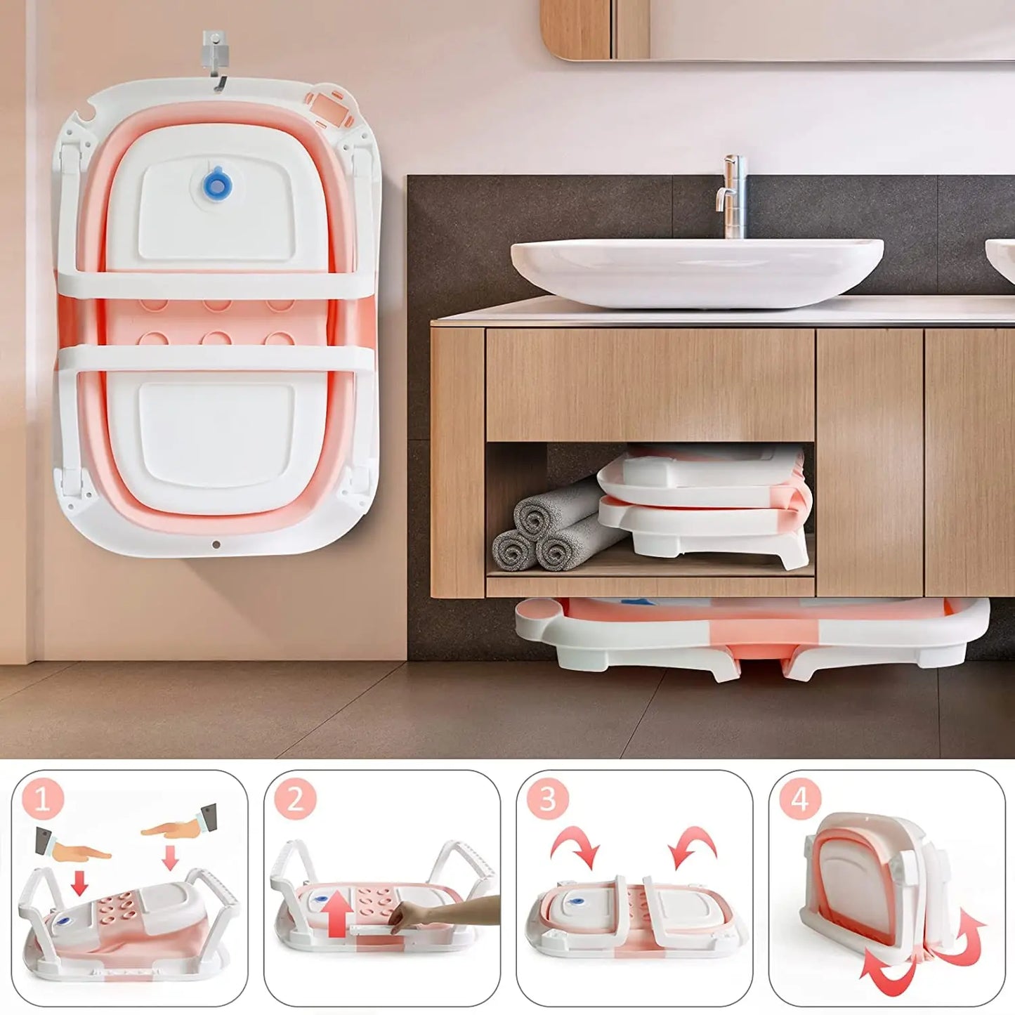 Foldable Baby Bath Tub With Non Slip Cushion And Thermometer